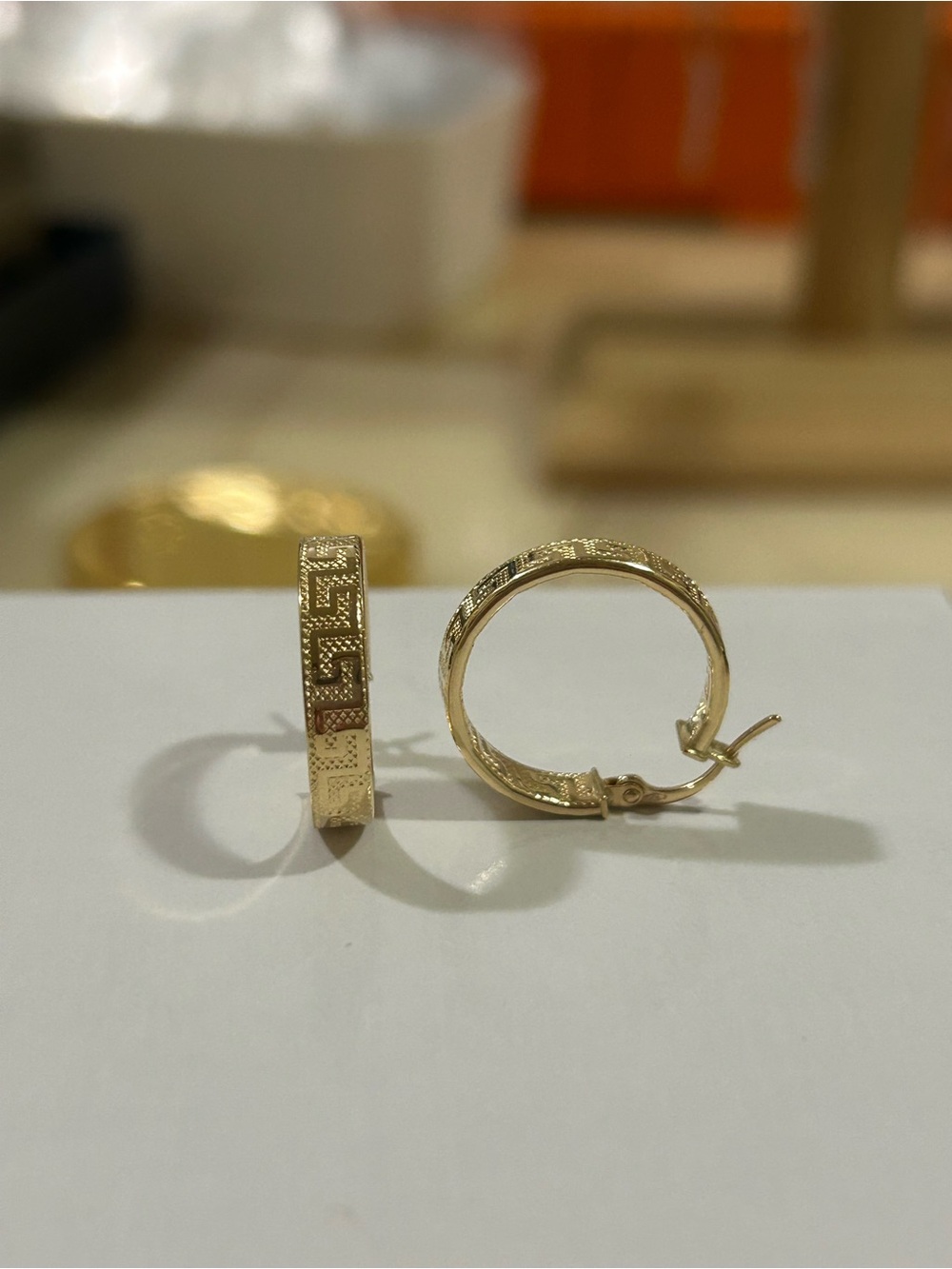 18K Gold Greek Key Hoop Earrings 16mm Lightweight